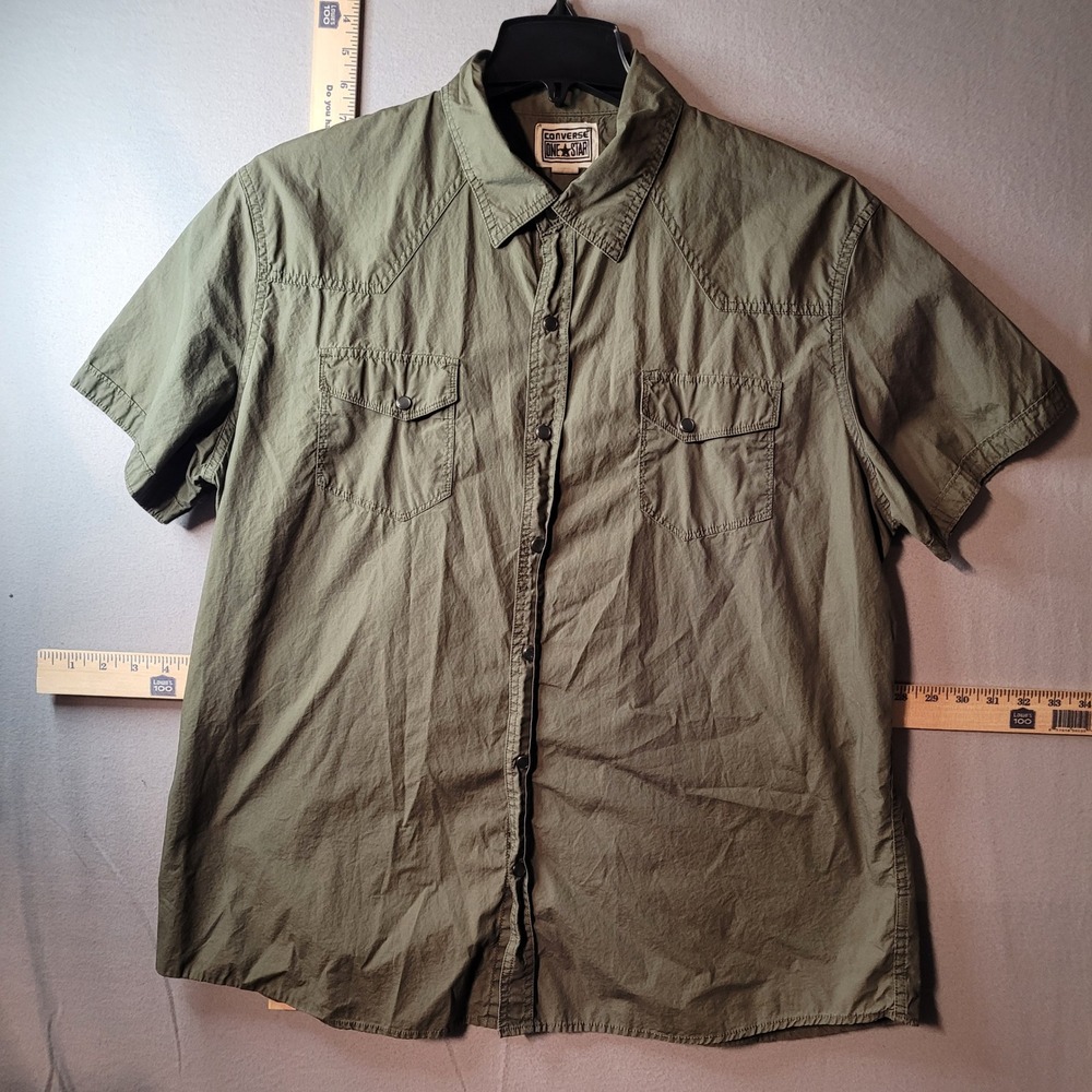Converse One Star Mens XL Western Shirt Olive Green Cotton Short‎ Sleeve Snap Up